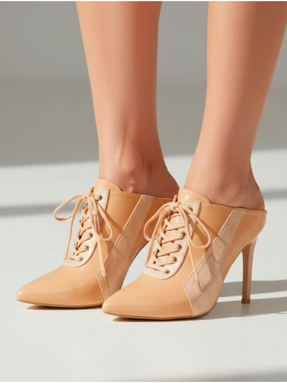 Nude Lace-Up Pointed Toe Stiletto Heels For Women
